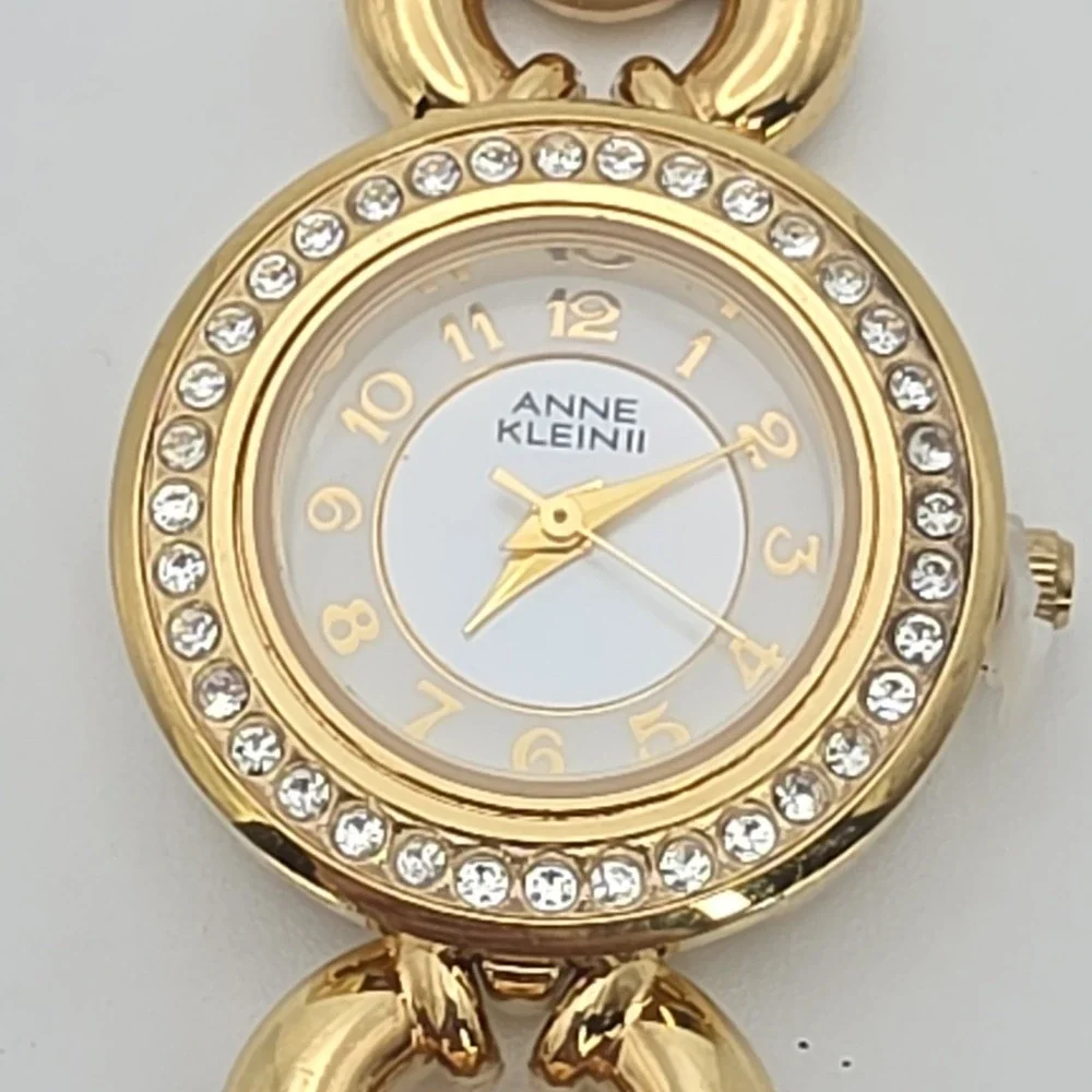 Vtg ANNE KLEIN II Ladie's Watch Women's Crystal Studded Gold Plate Leather 7.25